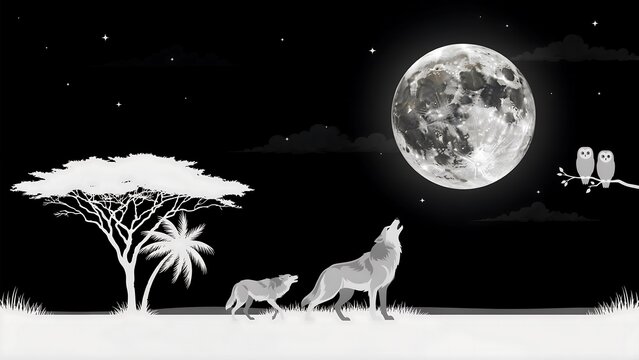 A black and white silhouette of two wolves howling at a large full moon in a night landscape with acacia trees and two owls