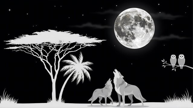 A black and white silhouette showing two wolves howling at a large full moon in a night landscape with acacia trees and two owls