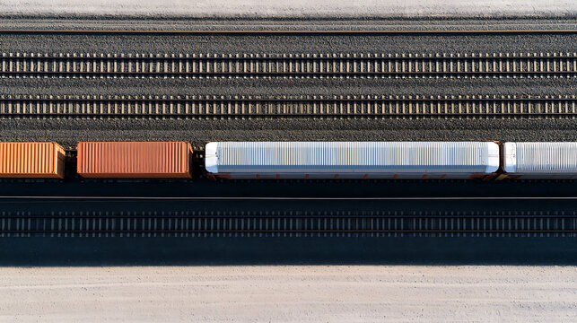 Top view aerial shot of cargo freight train and rail tracks with colorful shipping containers and railway cars for global supply chain