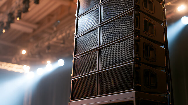 Large professional concert sound system speaker array stacked on stage in a large music venue with dramatic stage lighting for event audio