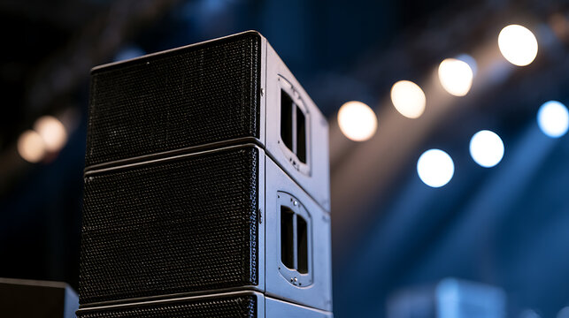 Professional audio speaker stack installed at concert stage venue with bright stage light bokeh background for music performance event