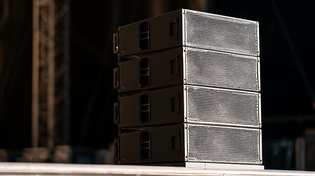 Professional audio speaker stack setup on concert stage, powerful sound system equipment ready for live music performance and event production