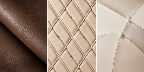 Obraz premium Leather textures triptych featuring brown grain, beige quilted pattern, and smooth curved