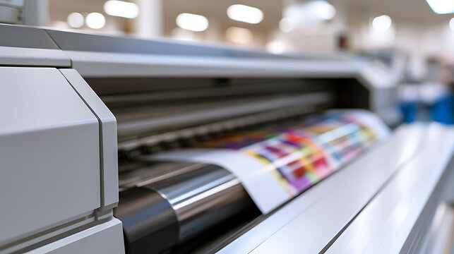 Large format printer in a modern industrial print shop producing colorful paper rolls with professional equipment for commercial output