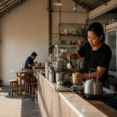 Thai Local Cafe Owner Preparing Morning Coffee