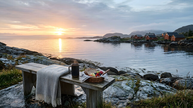 Scenic coastal sunrise with picnic setup on rustic bench
