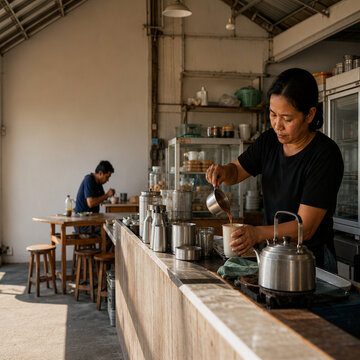 Thai Local Cafe Owner Preparing Morning Coffee