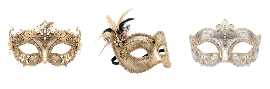 Three ornate Venetian masquerade masks in gold and silver with decorative details isolated on a transparent background