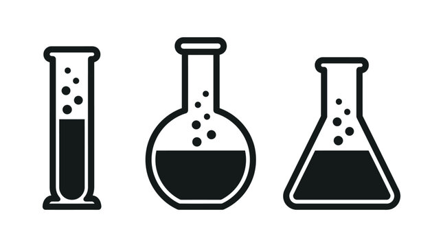 Scientific glassware collection featuring black and white vector illustration icons of laboratory beakers and flasks 