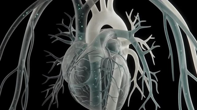 Anatomical illustration of the human heart with arteries and veins in a detailed, transparent view, set against a stark black background.