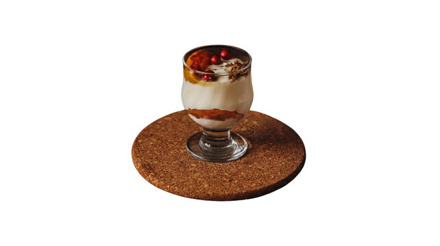 Layered yogurt parfait with fruit compote served in a glass cork coaster layered dessert white background yogurt cup berry compote food photography sweet treat fruit layer tasty snack