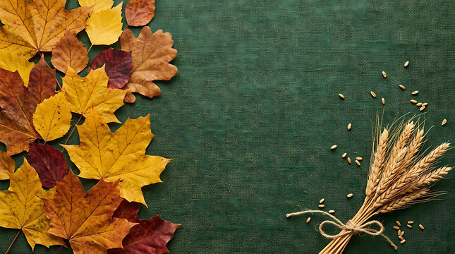 Colorful Autumn Leaves and Wheat Sheaves on Green Textured Background