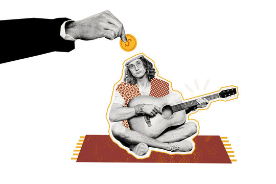 Composite photo collage of emotionless man acoustic guitar performance hand throw coin money box donate isolated on painted background