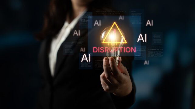 Disruption warning future of work, featuring AI agents replacing human jobs. Represents labor unemployment, corporate automation cost shift, and need for new career reskilling and upskilling. Corpus