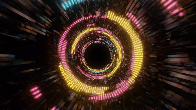 Abstract tunnel of colorful sound equalizer circles and bars pulsating with light effects, moving forward digitally, futuristic motion background for music or technology.