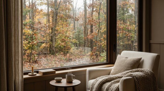 Rainy autumn day view from comfortable armchair in cozy room.