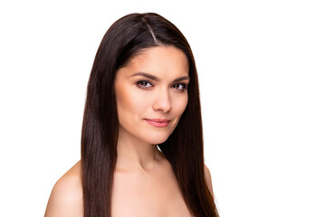 Profile portrait of nice serious brunette long hairdo lady without clothes isolated on pastel beige color background © deagreez