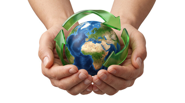 Environmental recycling concept with hands holding earth globe, green recycle arrows around planet, sustainability and ecology symbol