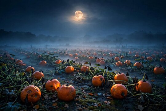 Pumpkin patch field at night under a glowing full moon