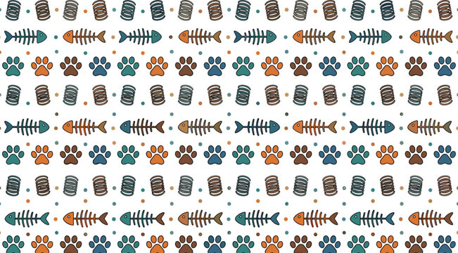 Colorful seamless pet pattern featuring cat paw prints yarn balls and fish bones vector background (16 words).eps
