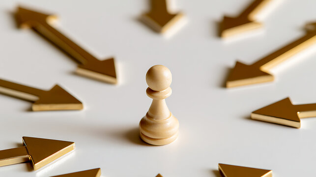 A single wooden pawn piece stands in the center surrounded by numerous golden arrows point inward, representing strategy, focus and target