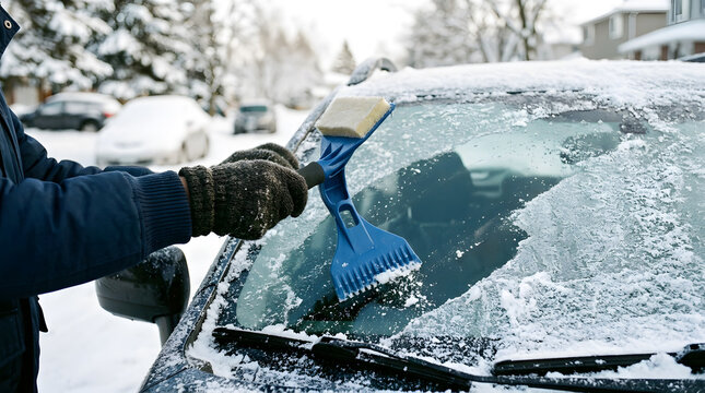 A driver wearing warm winter gloves carefully using a blue plastic ice scraper and brush to clear frozen frost and snow from a car windshield on a cold morning during the winter season.
