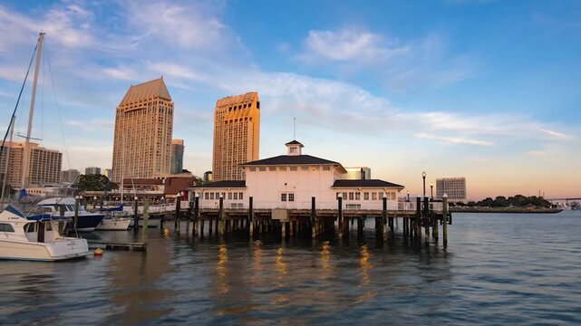 Corpus Christi Texas Sunset Over Bayfront with Harbor Boats, Skyline and Golden Reflections &mdash; cinematic travel destination, scenic landscape, golden hour light, realistic atmosphere