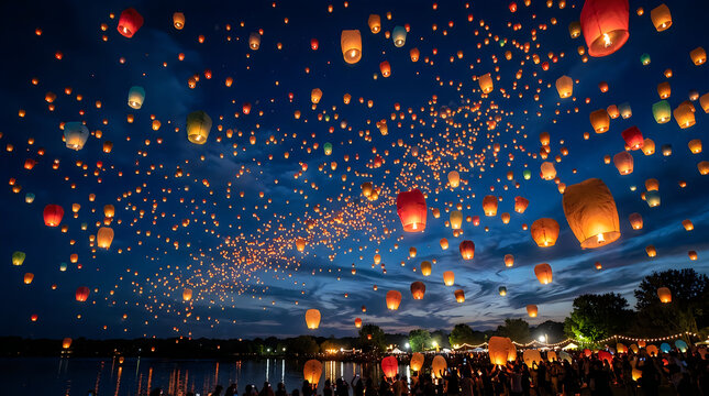 Many glowing paper lanterns floating in the night sky during a beautiful chinese new year celebration