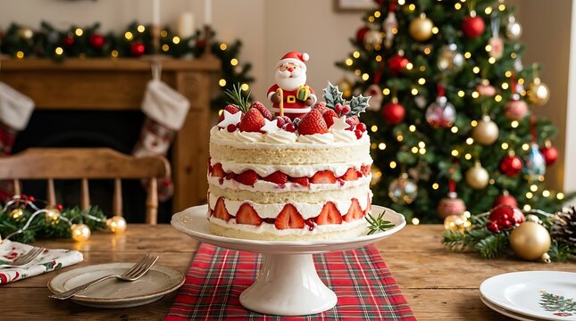 Layered strawberry christmas cake with santa claus topper