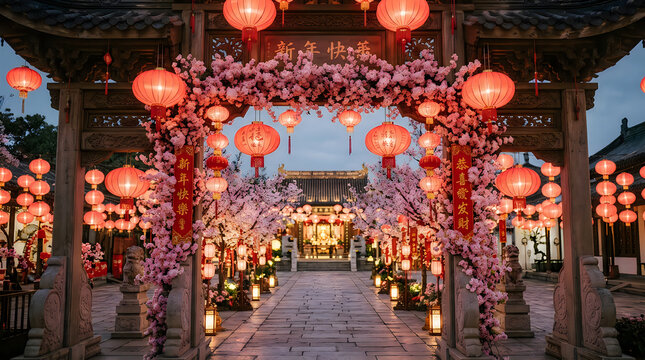 Beautiful traditional chinese new year celebration with glowing red lanterns and flowers in a public park