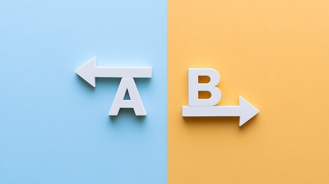 A and B choice option concept with white arrows on split blue and yellow background representing business strategy decision dilemma solve