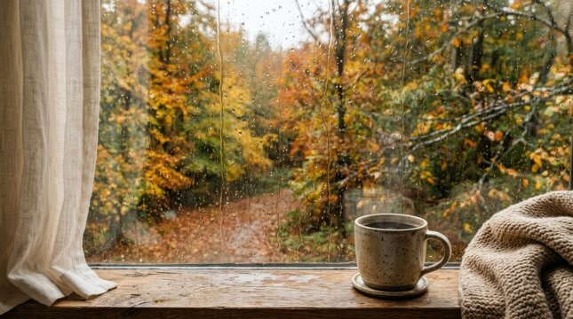 Cozy autumn morning with rain outside window and a warm cup of coffee on rustic wooden sill.