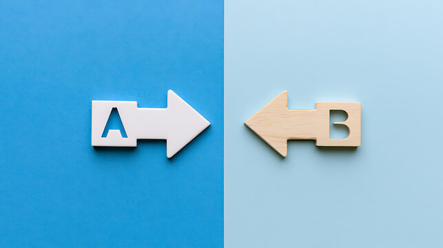 Two wooden arrows labeled with letters A and B pointing in opposite directions on a split blue background symbolizing choice and decision