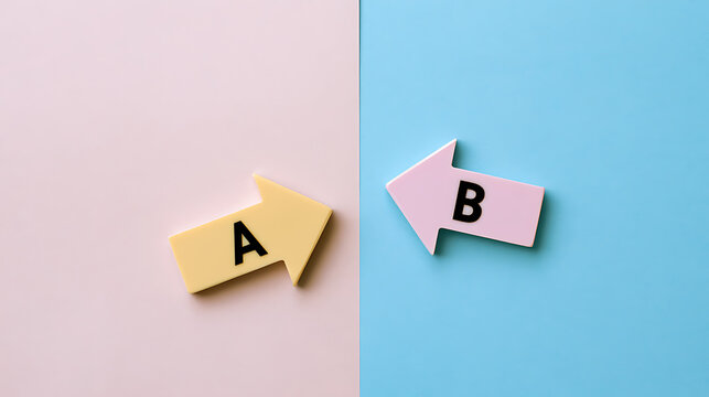 A B test comparison concept with two wooden arrows pointing opposite directions on pastel pink and blue split background top view studio