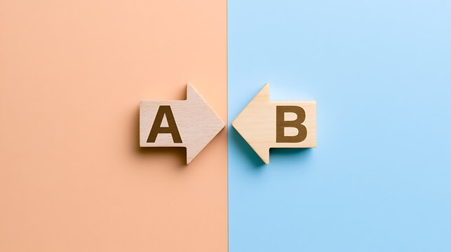 Wooden arrows marked with letter A and letter B point towards each other on a split pastel background representing choice and strategy
