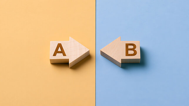 Wooden block arrows with letter A and B pointing opposite directions on yellow and blue background, concept of choice and decision