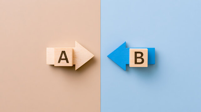 Conceptual image of two opposite direction arrows labeled letter A and letter B representing choice, decision, comparison, and strategy