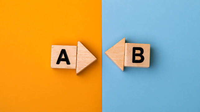 Wooden blocks with letters A and B with directional arrows on split orange and blue background, concept of choice and decision making