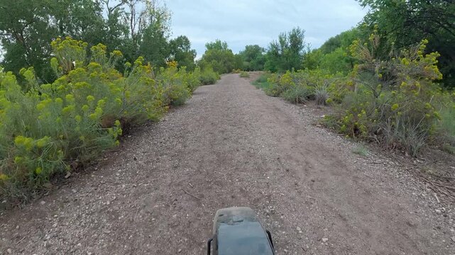 Looking back - POV from recumbent trike ride on a rough gravel trails along the Poudre River in Fort Collins, Colorado - late summer scenery in Riverbend Ponds Natural Area