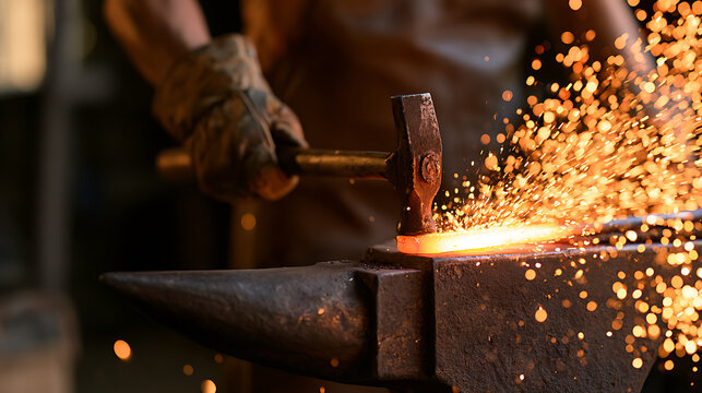 A skilled blacksmith strike glowing hot metal on an anvil with a heavy hammer, creating bright golden sparks in a dark workshop studio