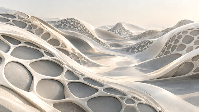 Futuristic White Parametric Landscape, Abstract Porous Cellular Landscape Model, Modern Bionic Architectural Landscape under Bright Daylight