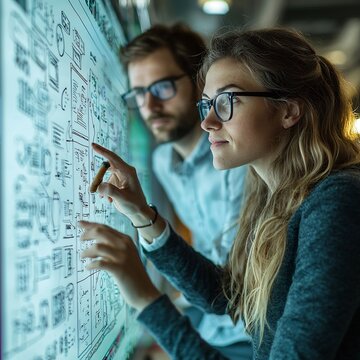 Creative team of designers with glasses brainstorming and planning project workflows on a large whiteboard in a modern studio