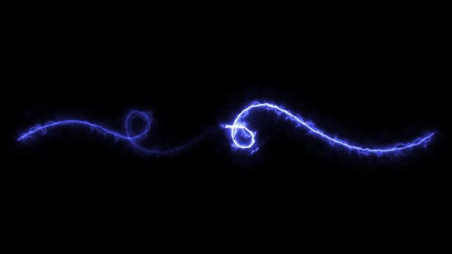 Electric lightning animation showing a glowing blue energy wave moving along a swirling line path on black background. 4k animation loop.