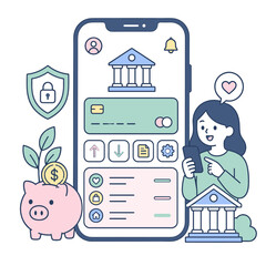 Naklejka premium Mobile banking app interface with piggy bank and financial security shield