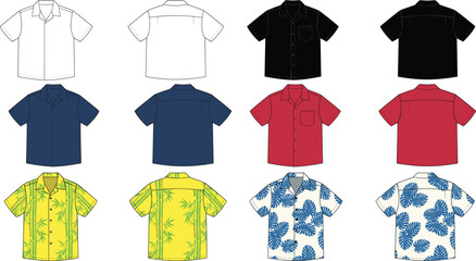 Men short sleeve shirt vector technical fashion flat sketch template collection with aloha hawaiian floral patterns © Sayem
