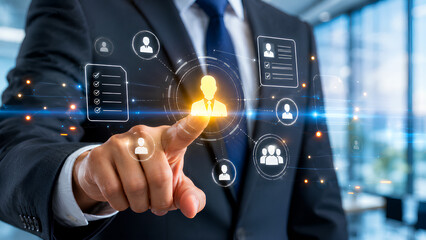Obraz premium Professional businessman touching and selecting illuminated human network icons on virtual interface symbolizing digital connections, leadership, partnership and global business collaboration