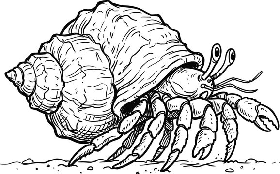Black and White Line Art Drawing of a Hermit Crab in a Spiral Shell Isolated on White Background for Professional Graphic Design and Artistic Projects