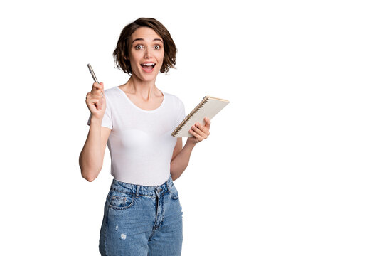 Photo of young woman wear denim outfit excited amazed have an idea solution hold notebook isolated over grey color background