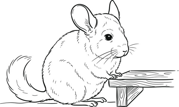 Chinchilla Line Art Drawing Featuring a Cute Rodent Resting on a Wooden Platform in a Minimalist Black and White Style Isolated on a Clean White Background