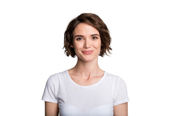 Fototapeta premium Portrait of young smiling charming cute girl woman female look in camera wear white t-shirt isolated on grey color background
